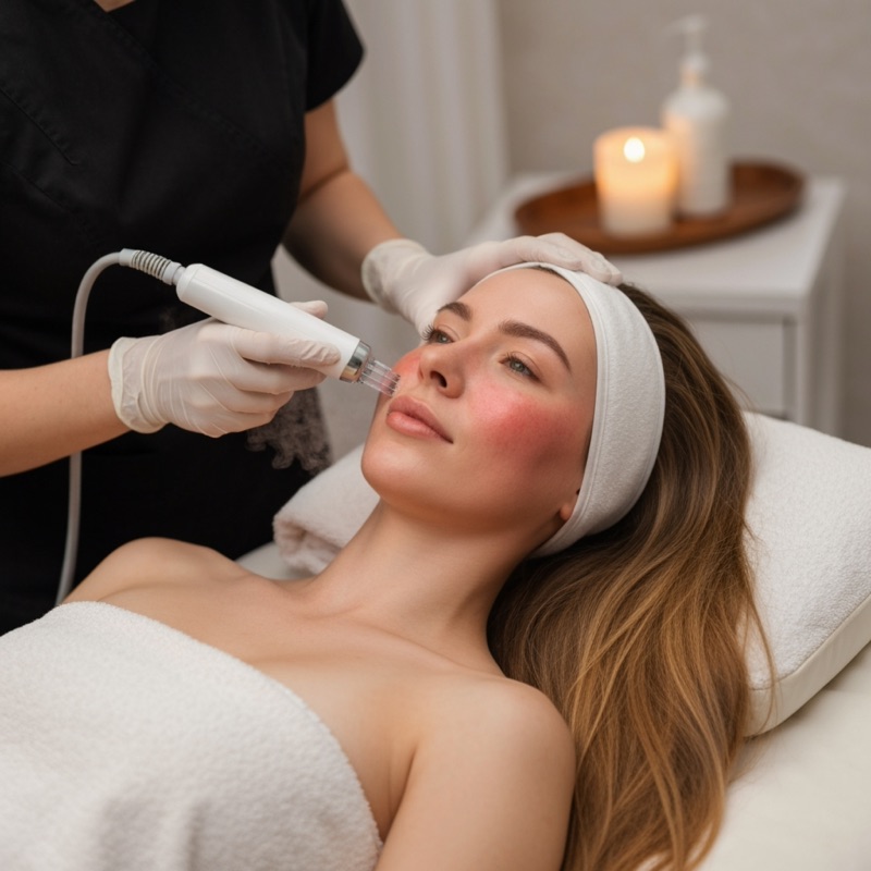 Patient receiving a facial treatment beside a lit candle